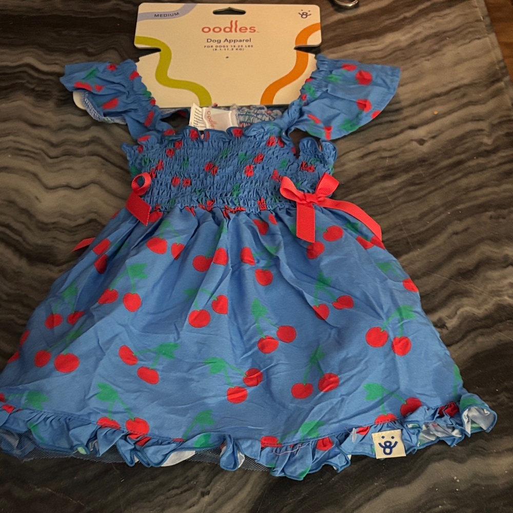 oodles Blue Dog Dress with Cherry Print